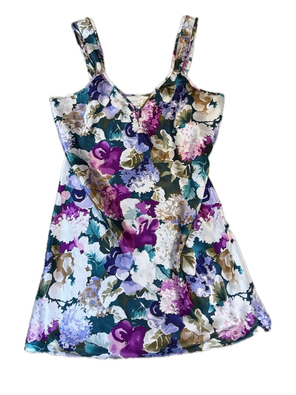 Vintage Adonna Satin Slip, Lingerie, Nightgown Vibrant Multicolor Floral Large